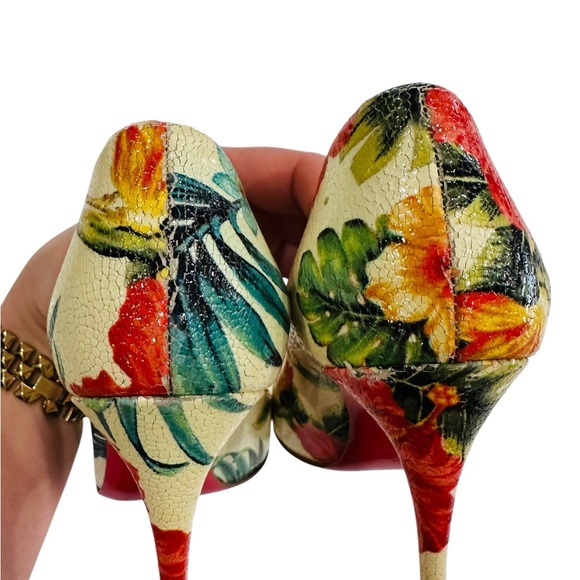 CHRISTIAN LOUBOUTIN Hawaii Crackled Calf Pigalle Pointy Toe Floral Heels SZ 38 - Picture 13 of 17